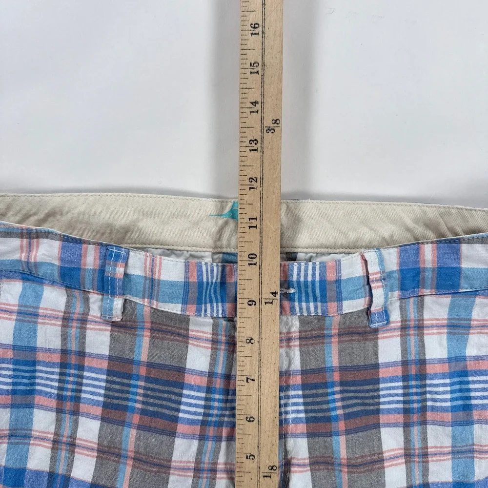 Tommy Bahama Mens Shorts 32 Blue Pink Plaid Linen Blend Flat Front Coastal